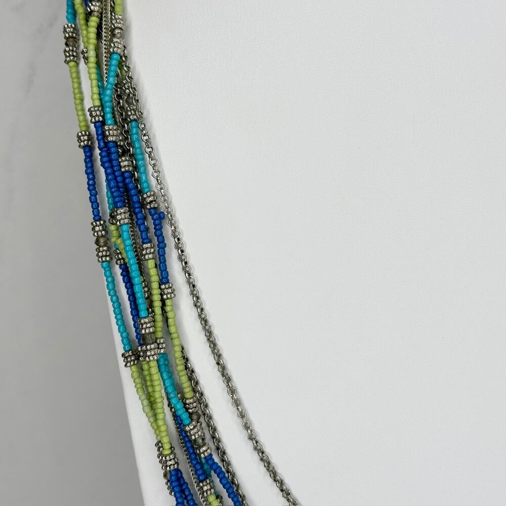 Chico's Multi Strand Seed Bead Necklace Blue Green Silver Tone Long ✨ - Picture 4 of 9